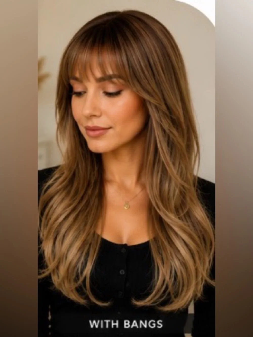 Covetime Brown Blonde Ombré Long Layered Synthetic Wig with Bangs